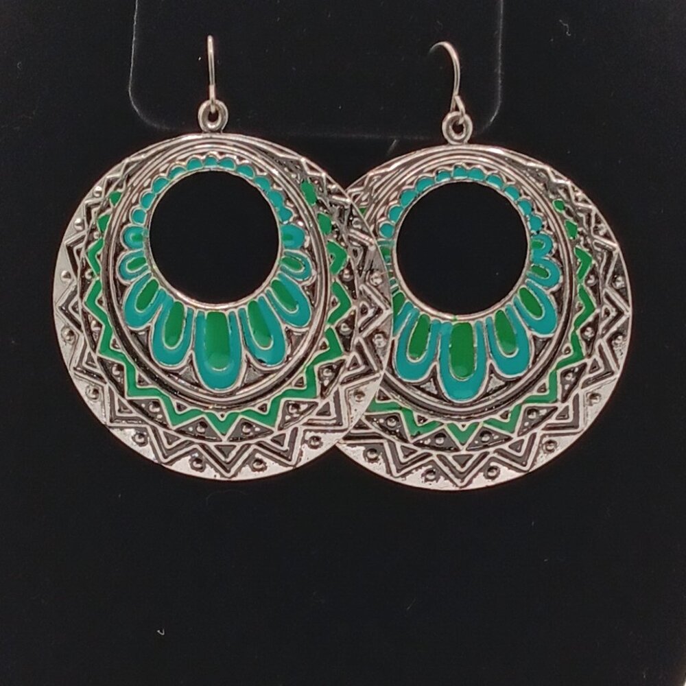 Southwestern Dangle Hoop Earrings Blue Green Enamel Silver-Tone Boho Chevron New - Picture 3 of 3